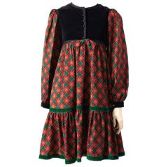 Vintage YSl Wool Plaid and Velvet Dress
