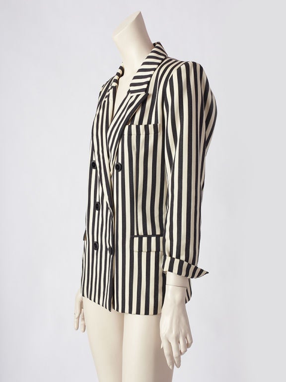 Yves St. Laurent black and white heavy cotton graphic stripe,<br />
double breasted blazer.