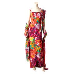 Sarmi Silk Floral Print Gown With Chiffon Stole