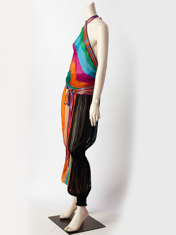 YSL multicolored stripe Chiffon 2 piece ensemble.<br />
Top is a triangular, bias cut, 