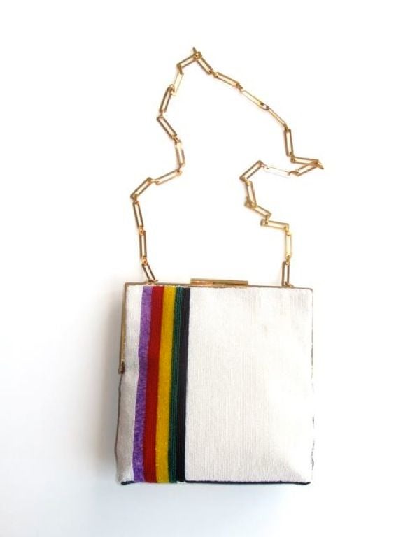 Multi color beaded evening bag with gold chain strap.