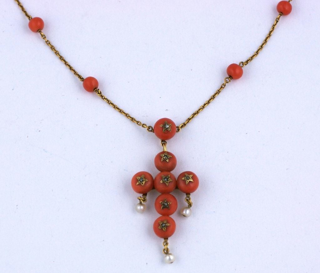Victorian Coral and Pearl Cross Necklace