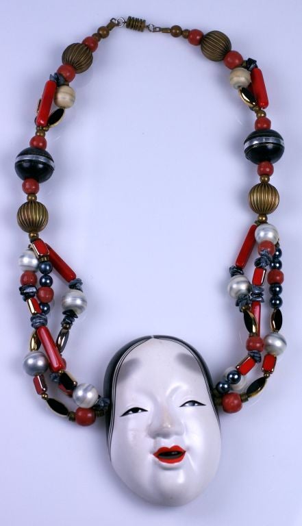 Unusual French Noh Mask Necklace In Excellent Condition For Sale In New York, NY