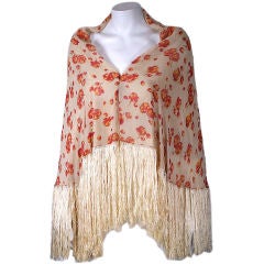 Antique 1920s Printed Chiffon and Cut Silk Velvet Fringed Shawl, France