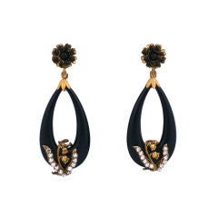 Miriam Haskell Black Hoop and Diamonte Earrings