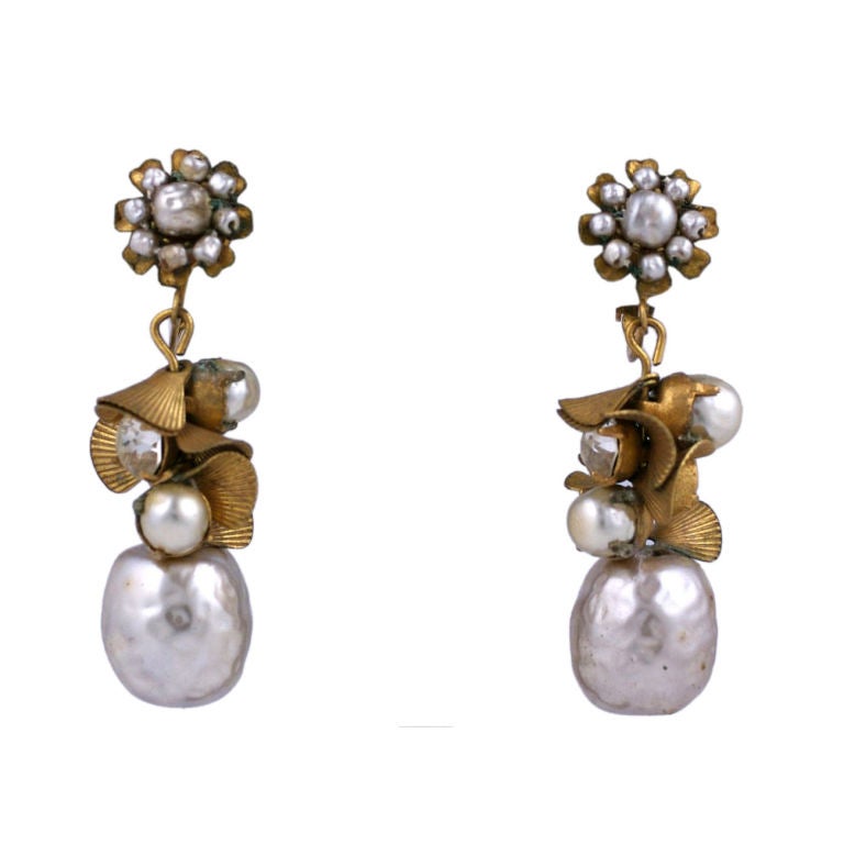 Miriam Haskell Pearl and Gilt Drop Earrings