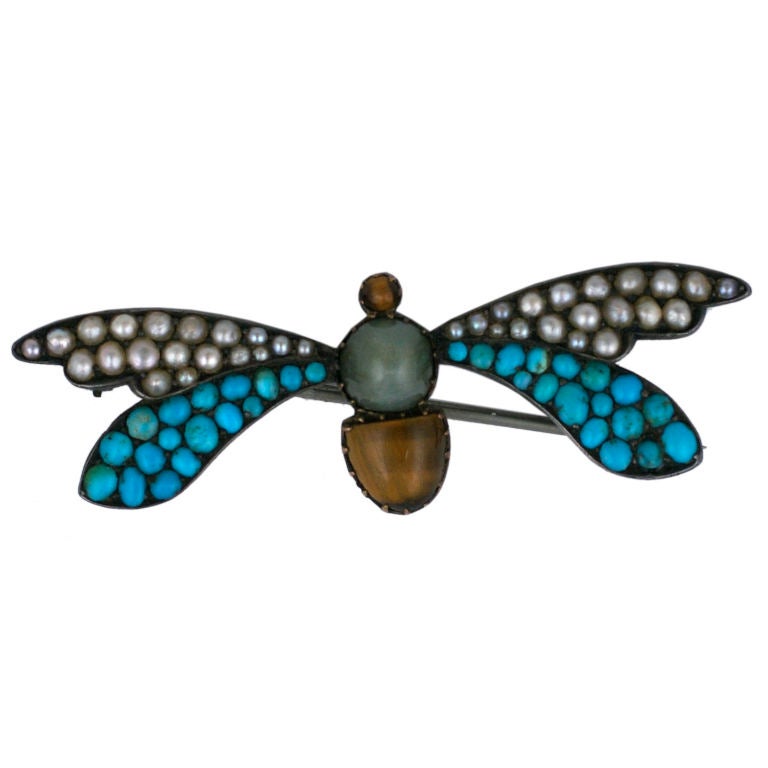 Seed Pearl, Turquoise and Tiger Eye Victorian Wasp Brooch