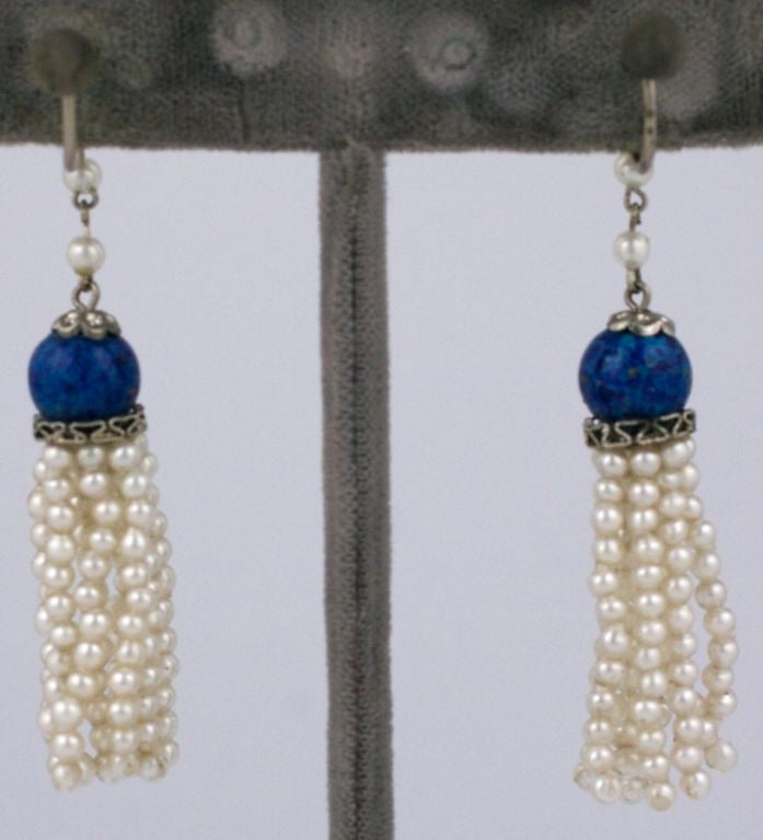 Art Deco faux pearl and lapis pate de verre tassel earrings<br />
2.50 inches<br />
screw back fittings