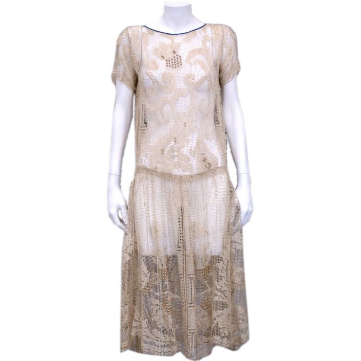 1920's French Cotton Filet Dress with Wood Bead Embroidery