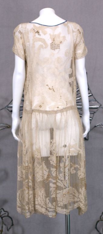 Gray 1920's French Cotton Filet Dress with Wood Bead Embroidery