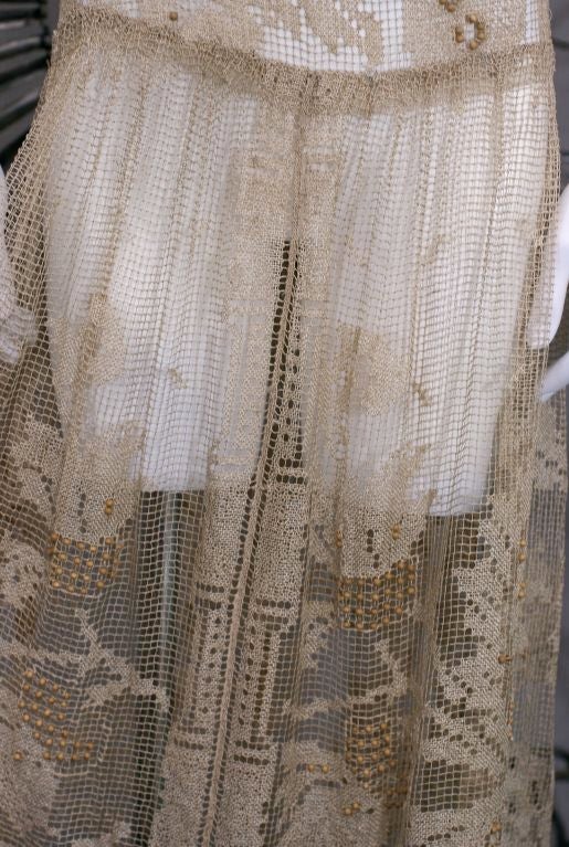 1920's French Cotton Filet Dress with Wood Bead Embroidery 1