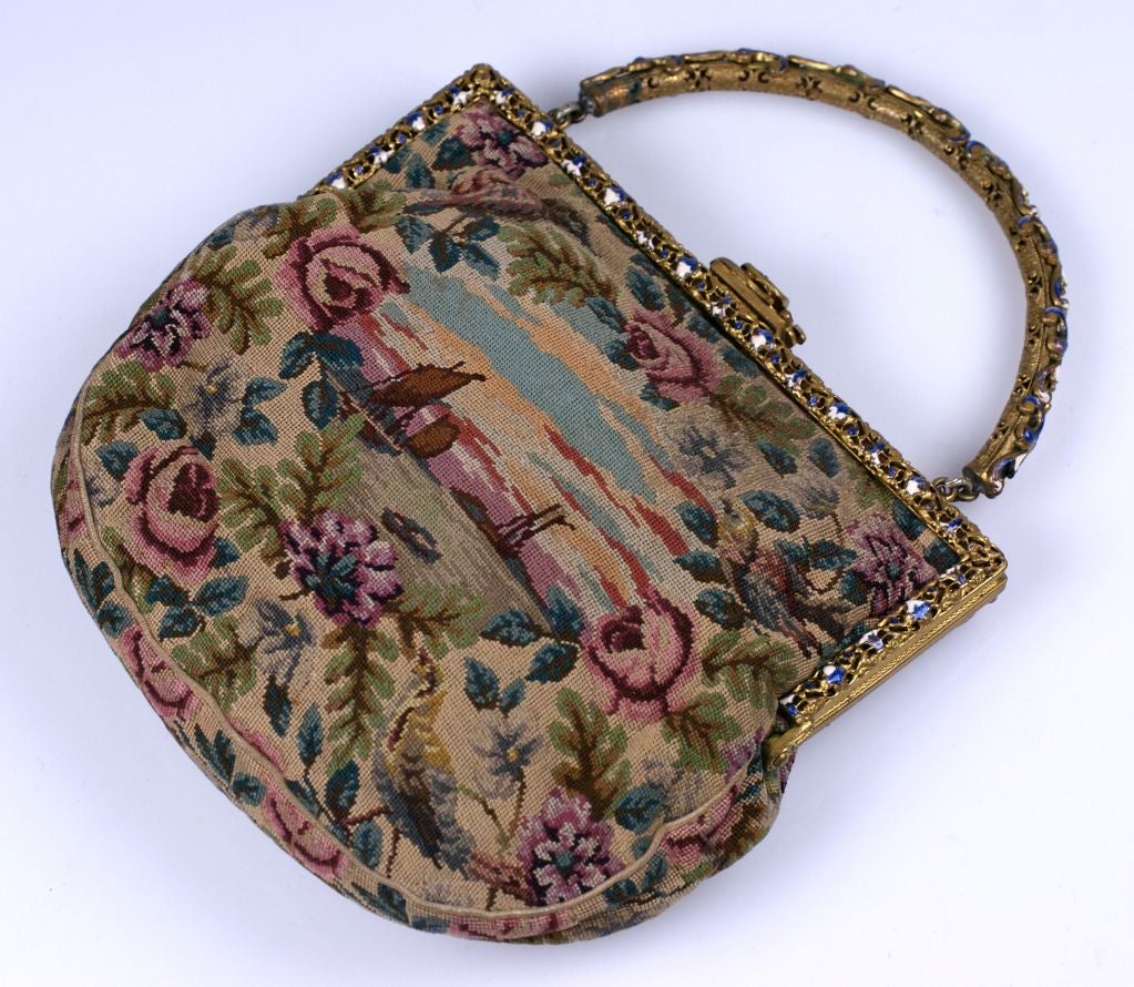 Unusual Victorian Needlepoint and Enamel Mounted Purse