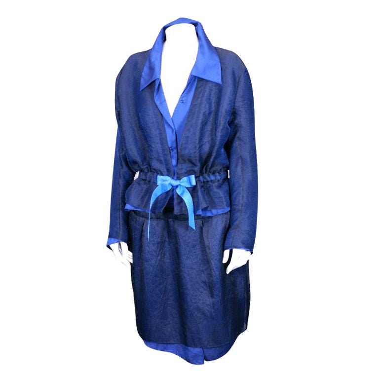 Nina Ricci Midnight Blue Crinkled Silk Suit, Olivier Theyskens For Sale
