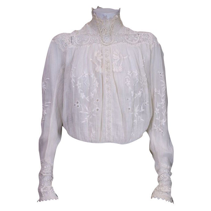 Edwardian Irish Crochet and Crinkle Cotton Blouse For Sale