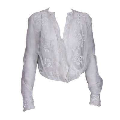 Edwardian Embroidered White Cotton Tulle Blouse at 1stdibs