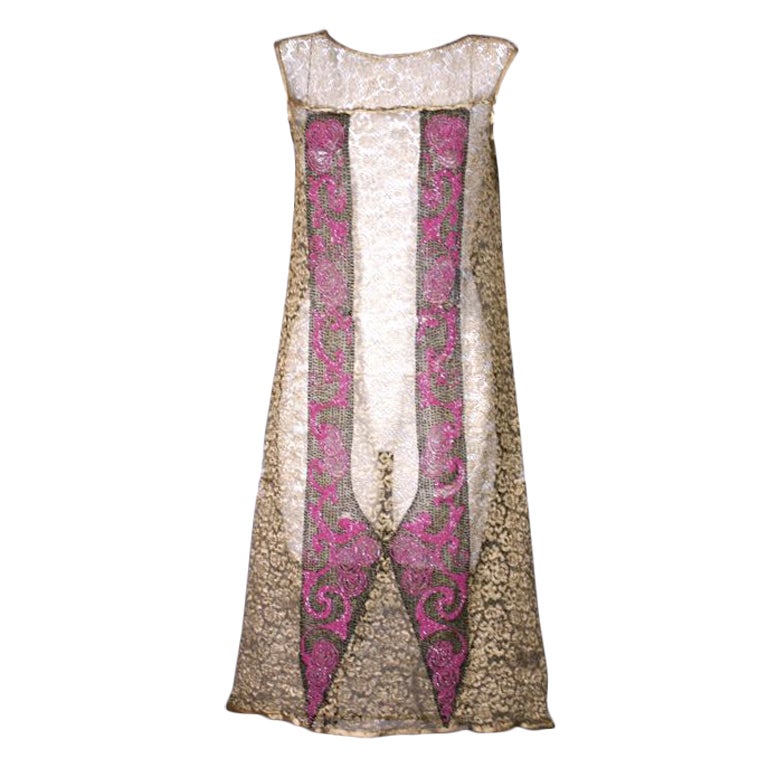 Art  Deco Gold Lace and Beaded Flapper Dress For Sale