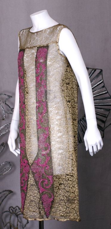 Brown Art  Deco Gold Lace and Beaded Flapper Dress For Sale