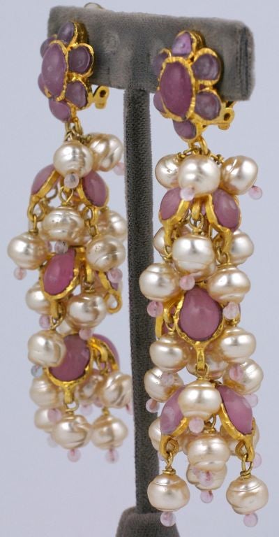 Long Anglo Indian styled earrings by Chanel. Made by hand by Maison Gripoix in Paris. Pink glass is 