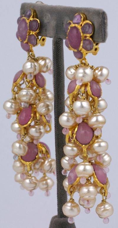 Chanel Pink and Pearl  Long Anglo Indian Earrings
