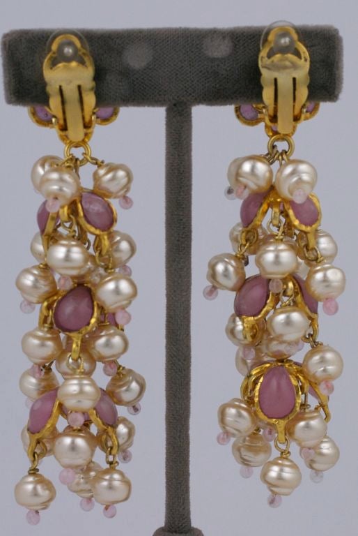 Chanel Pink and Pearl  Long Anglo Indian Earrings In Excellent Condition In New York, NY