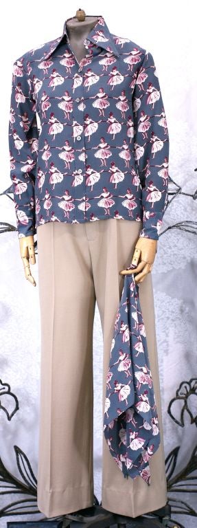 Man tailored silk crepe blouse and matching scarf from Valentino, Rome.<br />
Printed with rows of ballerinas on a deep grey ground.<br />
Excellent condition. Vintage size 10. Italy.<br />
Modern size 6.