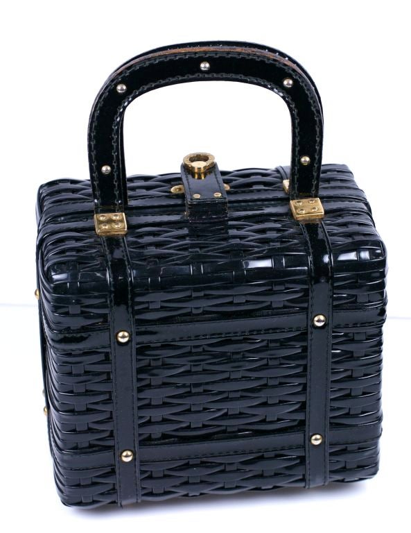 Black 1960s Faux Wicker Patent Box Bag