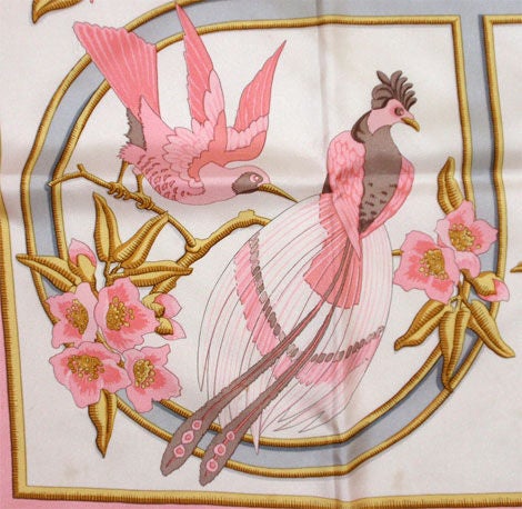 Hermes Pink Silk Scarf with Birds, Circa 1980 1