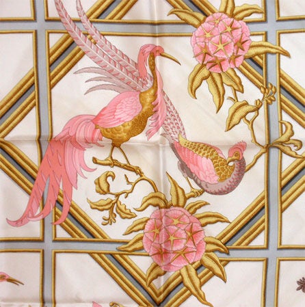 Hermes Pink Silk Scarf with Birds, Circa 1980 2