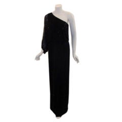 Mr. Blackwell Black One Shoulder Beaded Gown, Circa 1980