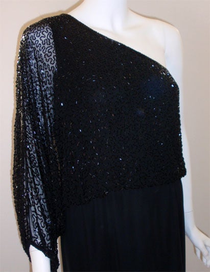 Mr. Blackwell Black One Shoulder Beaded Gown, Circa 1980 4