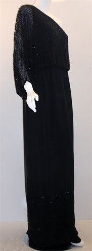 Mr. Blackwell Black One Shoulder Beaded Gown, Circa 1980 1