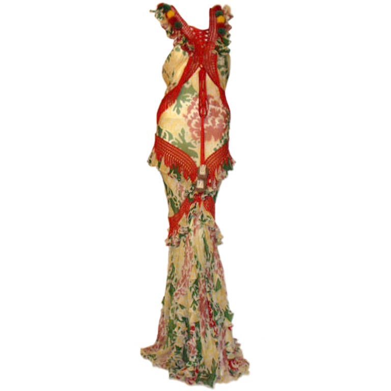 John Galliano Red, Yellow, and Green Chiffon Gown, Circa 1990
s