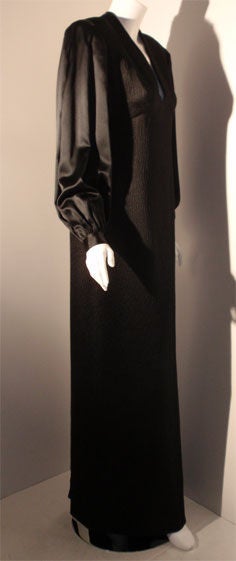 GALANOS  Black Silk Gown with Structured Shoulder and Blouson Sleeve, 1990's In Excellent Condition For Sale In Los Angeles, CA