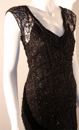 2-teiliges schwarzes Paillettenkleid mit Seiden-Slip-Kleid, um 1940 Damen im Angebot