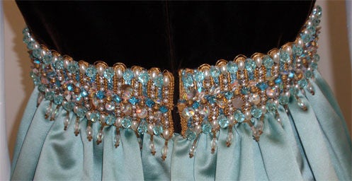 Sarmi Chocolate Velvet & Aqua Duchess Satin Jewelled Empire Waist Gown, 1970's In Excellent Condition In Los Angeles, CA