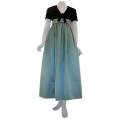 Sarmi Chocolate Velvet & Aqua Duchess Satin Jewelled Empire Waist Gown, 1970's 11