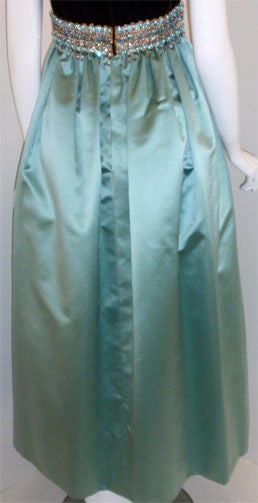 Women's Sarmi Chocolate Velvet & Aqua Duchess Satin Jewelled Empire Waist Gown, 1970's