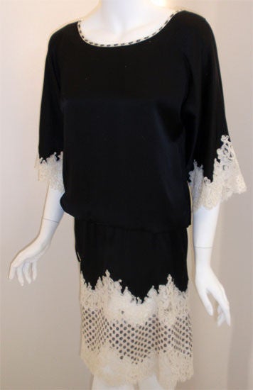 Geoffrey Beene Black Silk and Lace Cocktail Dress with Sash Belt Circa ...
