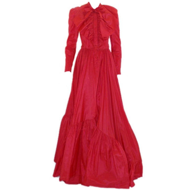 Chanel Red 1978 Red silk taffeta Ruffle Gown with long sleeves & full skirt 36