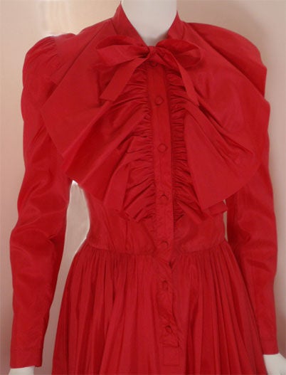 Chanel Red 1978 Red silk taffeta Ruffle Gown with long sleeves & full skirt 36 1
