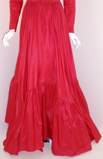 Chanel Red 1978 Red silk taffeta Ruffle Gown with long sleeves & full skirt 36 3