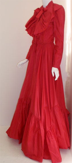 Chanel Red 1978 Red silk taffeta Ruffle Gown with long sleeves & full skirt 36 In Excellent Condition In Los Angeles, CA