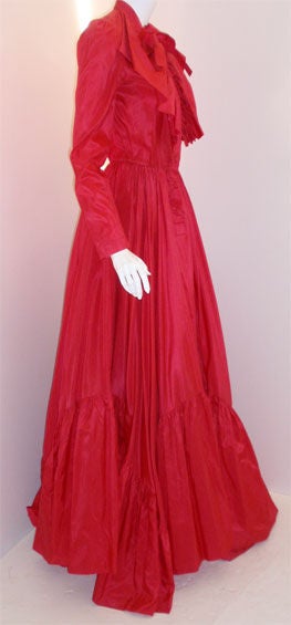 Women's Chanel Red 1978 Red silk taffeta Ruffle Gown with long sleeves & full skirt 36