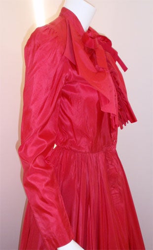 Chanel Red 1978 Red silk taffeta Ruffle Gown with long sleeves & full skirt 36 2