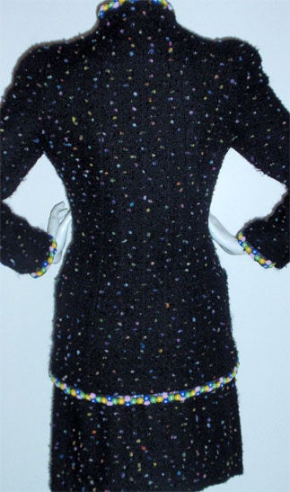Women's Chanel Black 2 piece Confetti Wool with Floral Beading Skirt Suit Circa 1980's