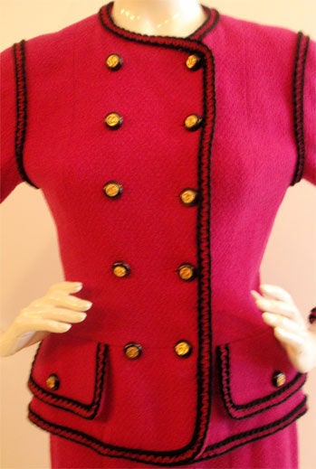 Chanel 1980's 2 piece Fuschia Jacket and Skirt Suit with black trim In Excellent Condition In Los Angeles, CA