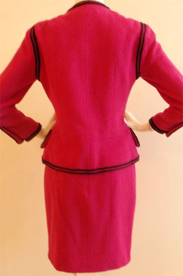 Women's Chanel 1980's 2 piece Fuschia Jacket and Skirt Suit with black trim