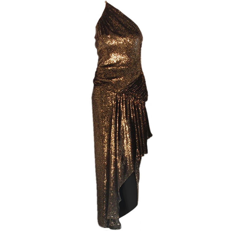 Vicky Tiel Black and Gold One Shoulder Velvet Gown with High Low Hem, C. 1980's