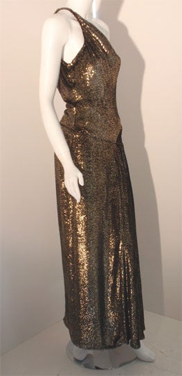 Vicky Tiel Black and Gold One Shoulder Velvet Gown with High Low Hem, C. 1980's In Excellent Condition In Los Angeles, CA