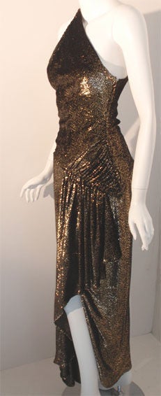 Women's Vicky Tiel Black and Gold One Shoulder Velvet Gown with High Low Hem, C. 1980's